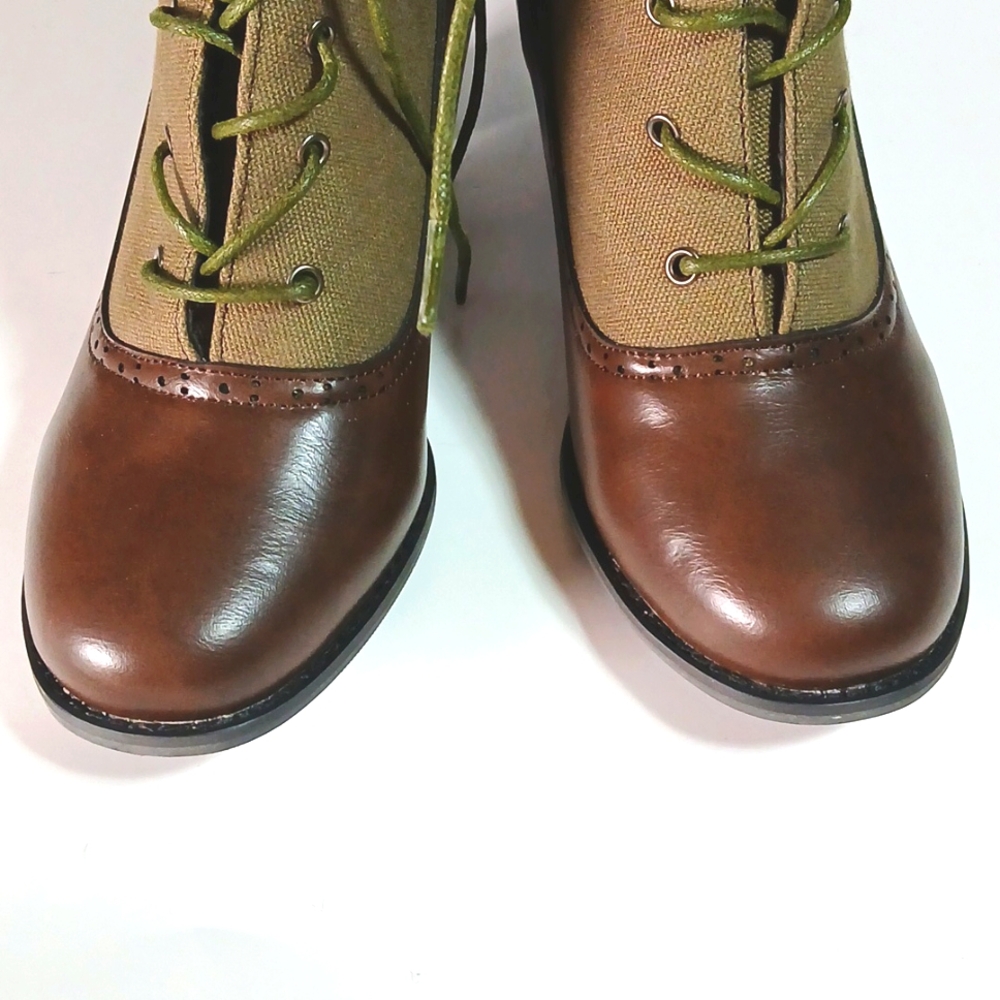 🥿 Victorian Lace Up Boots Green Canvas Brown Vegan Leather Size EU 40 Vintage - Picture 9 of 10